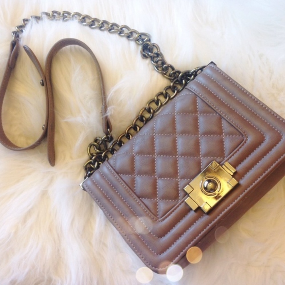 Quilted Tan Chain Shoulder Boy Bag Vegan Leather